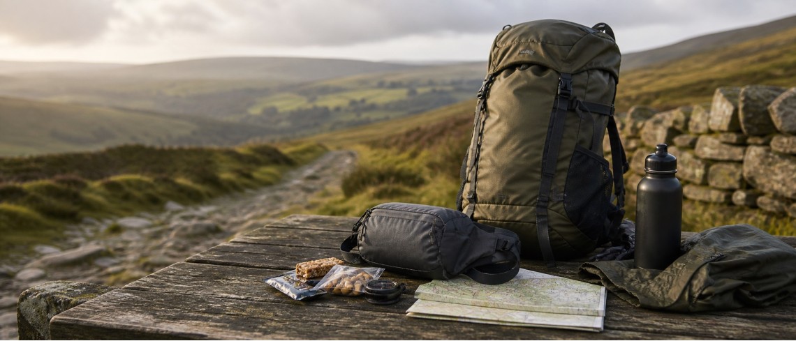 Backpack and waist pack arranged with hiking essentials on a UK walking route