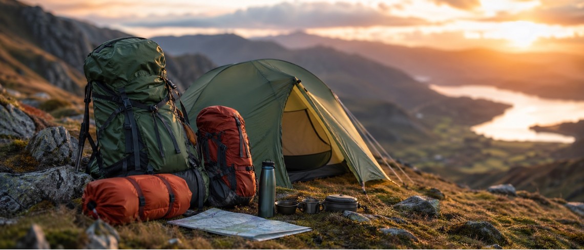 Hiking and camping gear on a mountain trail