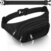 SUPHOSMT Black Bum Bag with 4 Pockets and Extended Belt