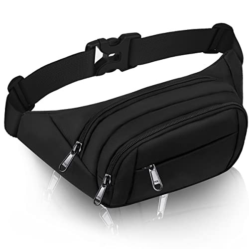 SUPHOSMT Black Waist Bag with 4 Pockets and Extended Belt, Large Capacity