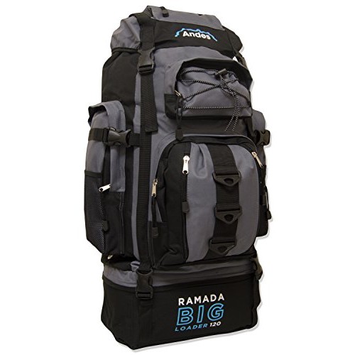 Andes Ramada 120L Extra Large Hiking and Camping Backpack, Black/Grey
