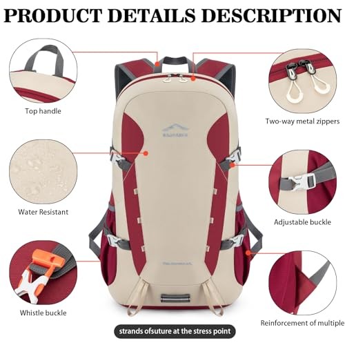 BAGPARKK 35L Lightweight Packable Travel Hiking Backpack, Water-Resistant Daypack, Beige-Red, 35L Extra Large-4
