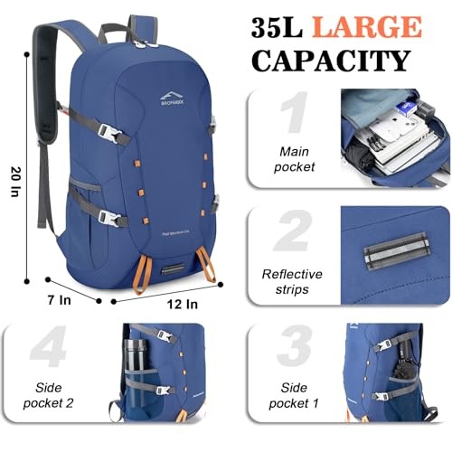 BAGPARKK 35L Lightweight Packable Travel Hiking Backpack Daypack, Navy, 35L Extra Large-2