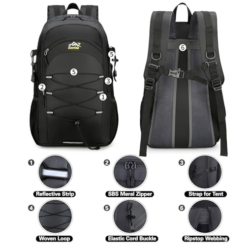 Besrina 40L Hiking Backpack, Black, water-resistant daypack with reflective strips-3