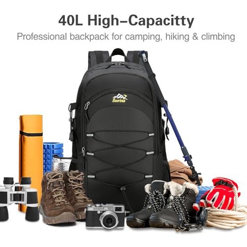 Besrina 40L Hiking Backpack, Black, water-resistant daypack with reflective strips-6
