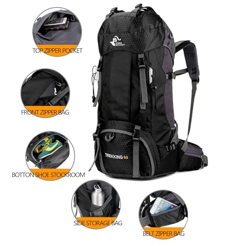 Bseash 60L Waterproof Hiking and Camping Backpack with Rain Cover, Black-1