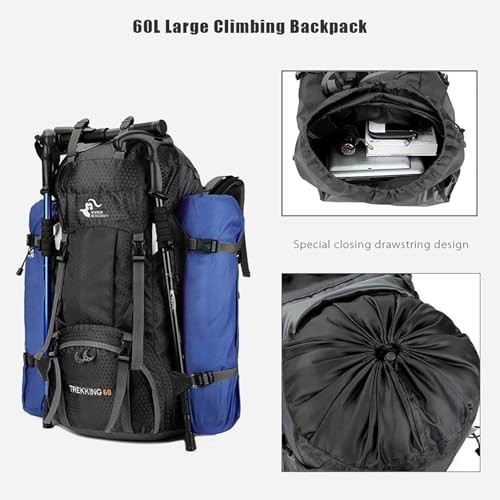 Bseash 60L Waterproof Hiking and Camping Backpack with Rain Cover, Black-3