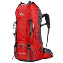 Bseash 60L Waterproof Hiking and Camping Backpack with Rain Cover, Red
