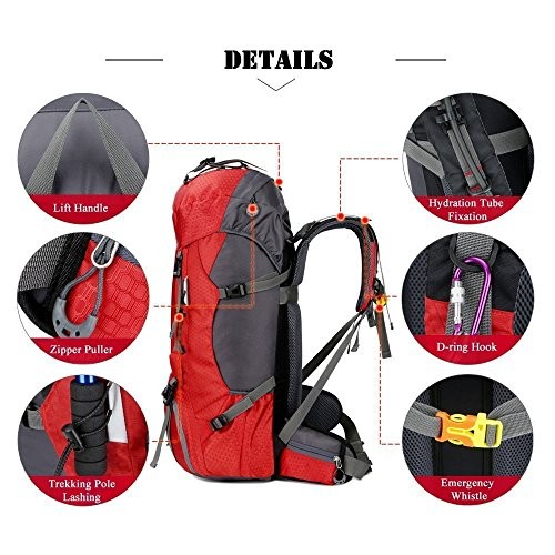 Bseash 60L Waterproof Hiking and Camping Backpack with Rain Cover, Red-3