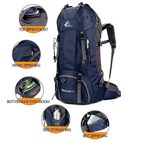 Bseash 60L Waterproof Hiking and Camping Backpack with Rain Cover, Navy Blue-2