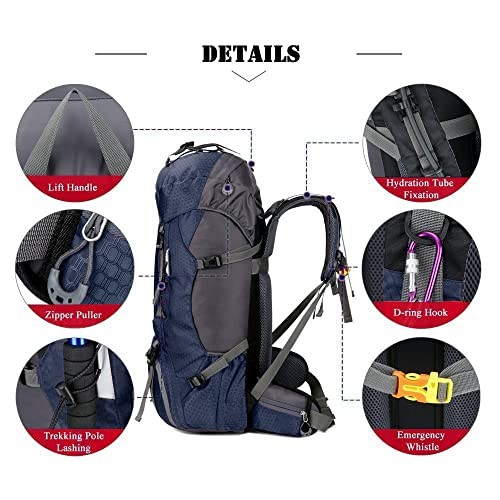 Bseash 60L Waterproof Hiking and Camping Backpack with Rain Cover, Navy Blue-3