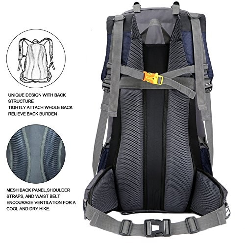 Bseash 60L Waterproof Hiking and Camping Backpack with Rain Cover, Navy Blue-5