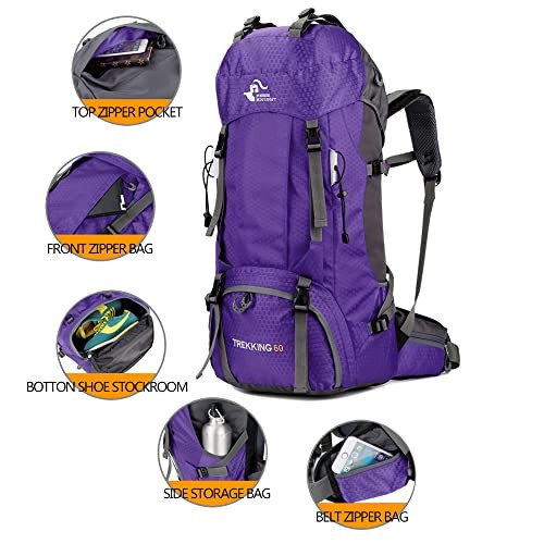 Bseash Purple 60L Waterproof Hiking and Camping Backpack with Rain Cover-2