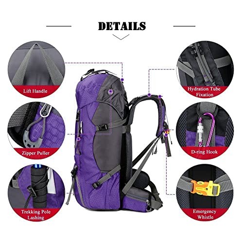 Bseash Purple 60L Waterproof Hiking and Camping Backpack with Rain Cover-3