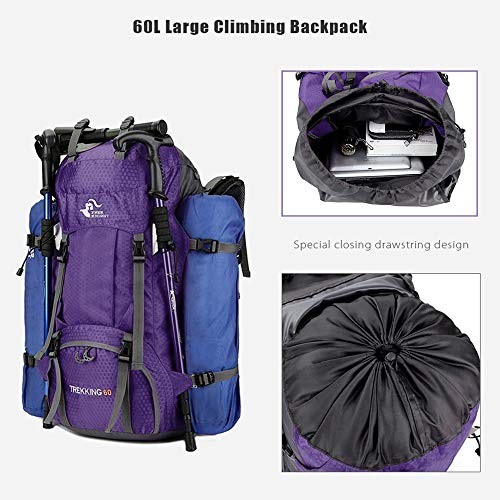 Bseash Purple 60L Waterproof Hiking and Camping Backpack with Rain Cover-4