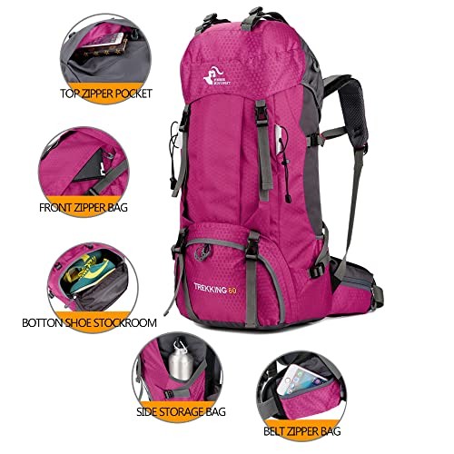 Bseash 60L Waterproof Hiking and Camping Backpack with Rain Cover, Rose Red-2