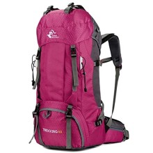 Bseash 60L Waterproof Hiking and Camping Backpack with Rain Cover, Rose Red