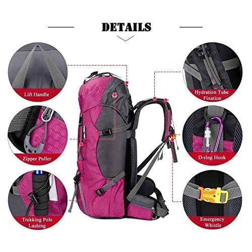 Bseash 60L Waterproof Hiking and Camping Backpack with Rain Cover, Rose Red-3