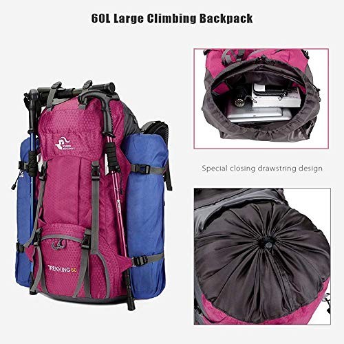 Bseash 60L Waterproof Hiking and Camping Backpack with Rain Cover, Rose Red-5
