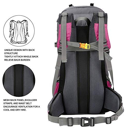 Bseash 60L Waterproof Hiking and Camping Backpack with Rain Cover, Rose Red-6