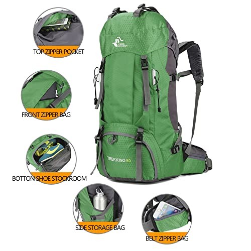 Bseash 60L Waterproof Hiking and Camping Backpack with Rain Cover, Green-2