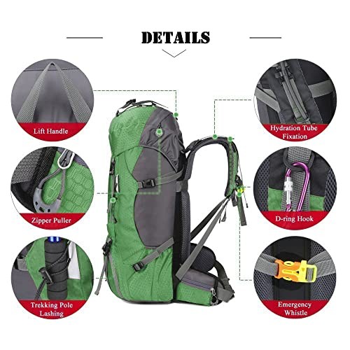 Bseash 60L Waterproof Hiking and Camping Backpack with Rain Cover, Green-3
