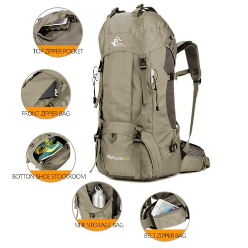 Bseash 60L Waterproof Hiking and Camping Backpack with Rain Cover, Greyish Green-1