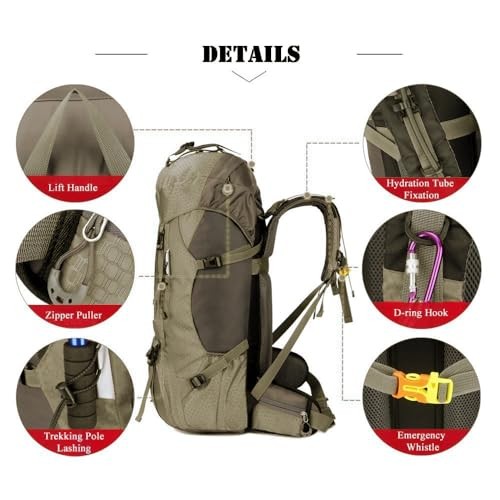 Bseash 60L Waterproof Hiking and Camping Backpack with Rain Cover, Greyish Green-2