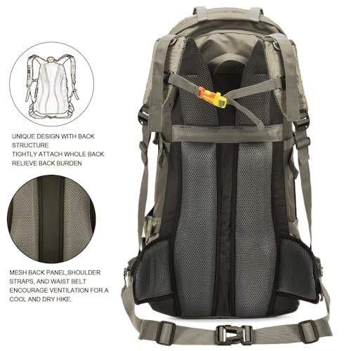 Bseash 60L Waterproof Hiking and Camping Backpack with Rain Cover, Greyish Green-6