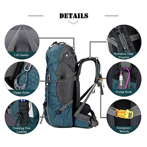 Bseash 60L Waterproof Hiking and Camping Backpack with Rain Cover, Blue Green-3