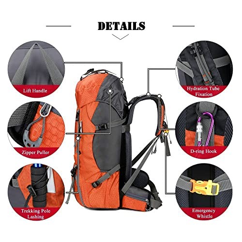 Bseash 60L Waterproof Hiking and Camping Backpack with Rain Cover, Orange-3
