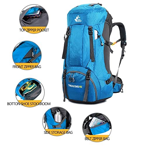 Bseash 60L Lightweight Waterproof Hiking and Camping Backpack with Rain Cover, Light Blue-2