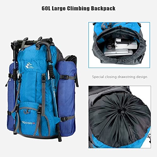 Bseash 60L Lightweight Waterproof Hiking and Camping Backpack with Rain Cover, Light Blue-4