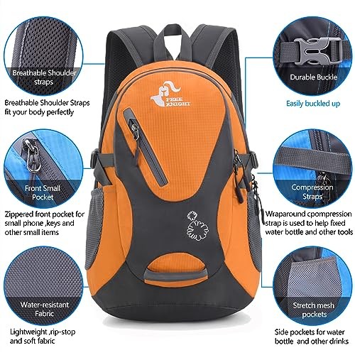 Bseash Small 20L Outdoor Hiking Backpack, Orange, Lightweight Waterproof Daypack for Kids-3