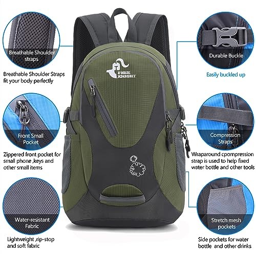 Bseash Small 20L Outdoor Hiking Backpack, Army Green Lightweight Waterproof Daypack for Kids-3