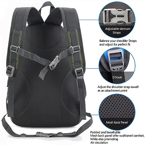 Bseash Small 20L Outdoor Hiking Backpack, Army Green Lightweight Waterproof Daypack for Kids-4
