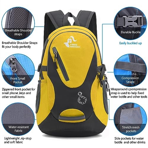 Bseash Small 20L Outdoor Hiking Backpack, Yellow, Lightweight Waterproof Daypack for Kids-3