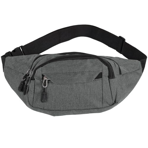 kuou Waterproof Bumbag Waist Fanny Pack, 4 Zip Pockets, Grey