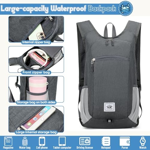 Duemste Foldable Waterproof Backpack, 16L Lightweight Daypack, Dark Grey-3