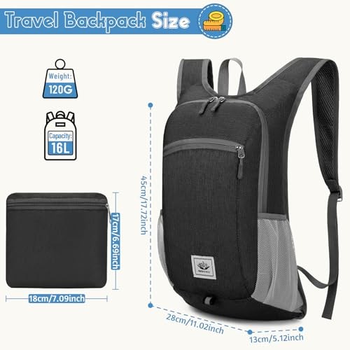Duemste Foldable Waterproof Backpack, 16L Lightweight Hiking Daypack, Black-1