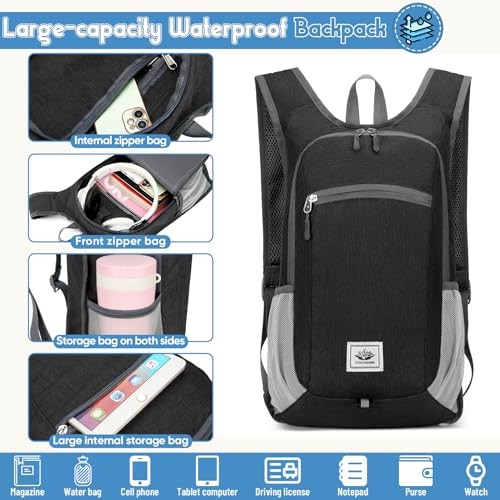 Duemste Foldable Waterproof Backpack, 16L Lightweight Hiking Daypack, Black-3