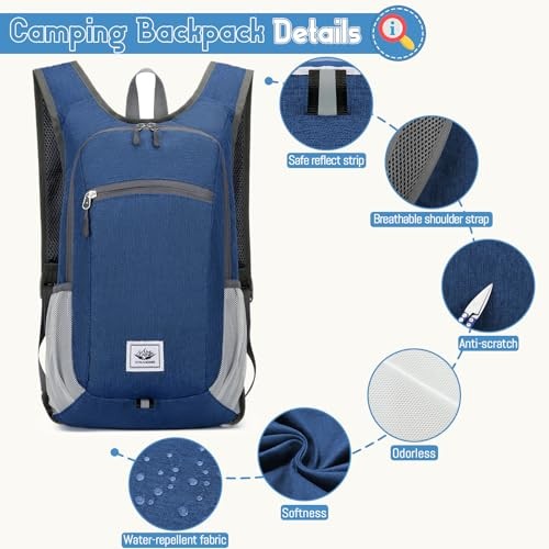 Duemste Foldable Waterproof Backpack, Lightweight 16L Daypack, Blue-2