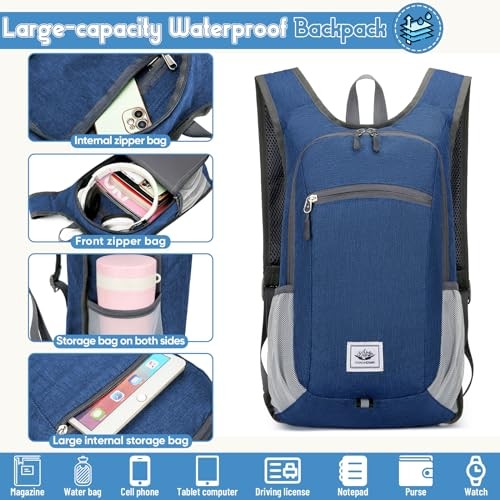 Duemste Foldable Waterproof Backpack, Lightweight 16L Daypack, Blue-3