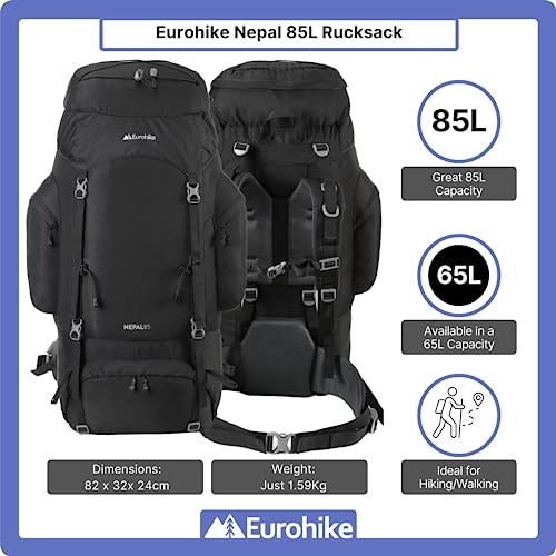 Eurohike Nepal 85L Rucksack with Ventilated Back Panel and Padded Harness, Black-1