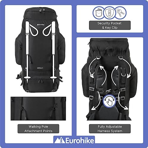 Eurohike Nepal 85L Rucksack with Ventilated Back Panel and Padded Harness, Black-3