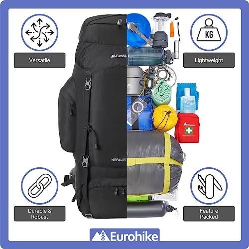 Eurohike Nepal 85L Rucksack with Ventilated Back Panel and Padded Harness, Black-4