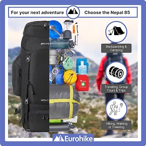 Eurohike Nepal 85L Rucksack with Ventilated Back Panel and Padded Harness, Black-5