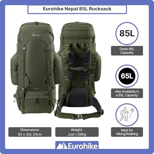 Eurohike Nepal 85 Litre Rucksack, Green, with Ventilated Back Panel and Padded Harness-1