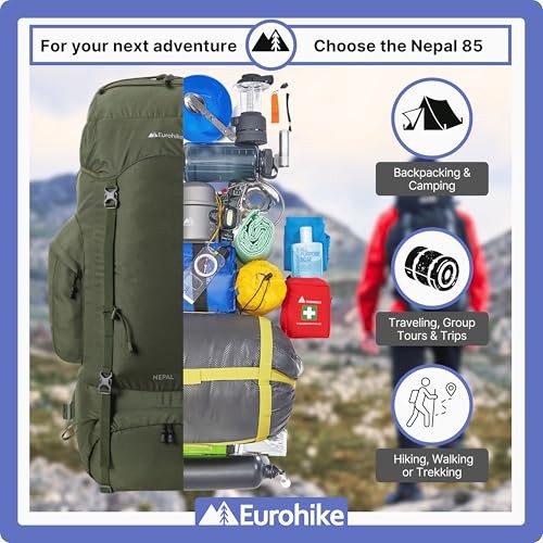 Eurohike Nepal 85 Litre Rucksack, Green, with Ventilated Back Panel and Padded Harness-5