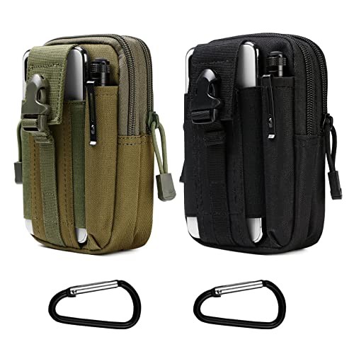 flintronic Tactical Waist Bags, 2 Pack Molle EDC Pouch with Outdoor Hook, Black & Green